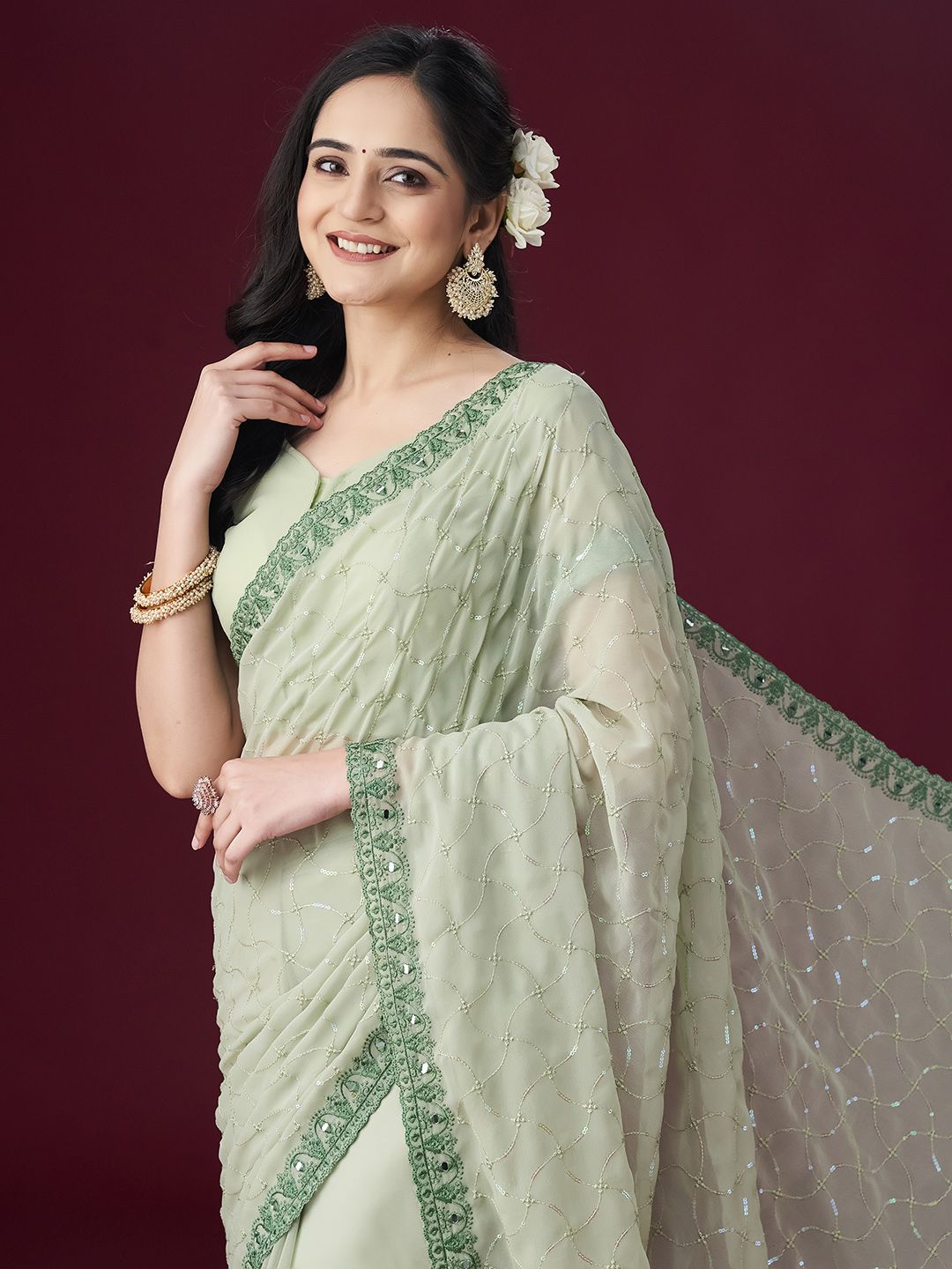 kasee Floral Embroidered Embellished Mirror Work Saree | Grocsy