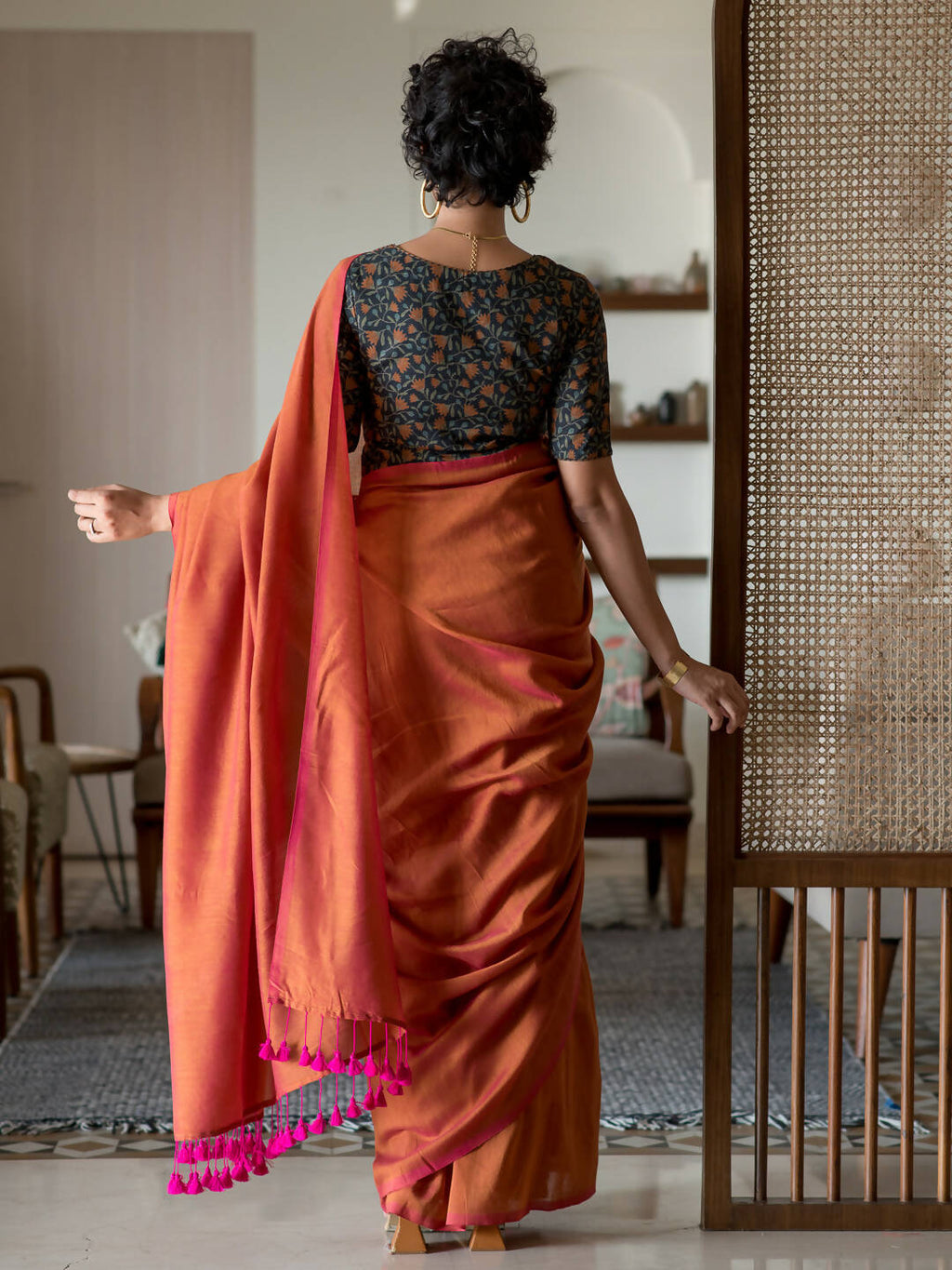 Suta Orange Solid Cotton Blend Saree | Grocsy