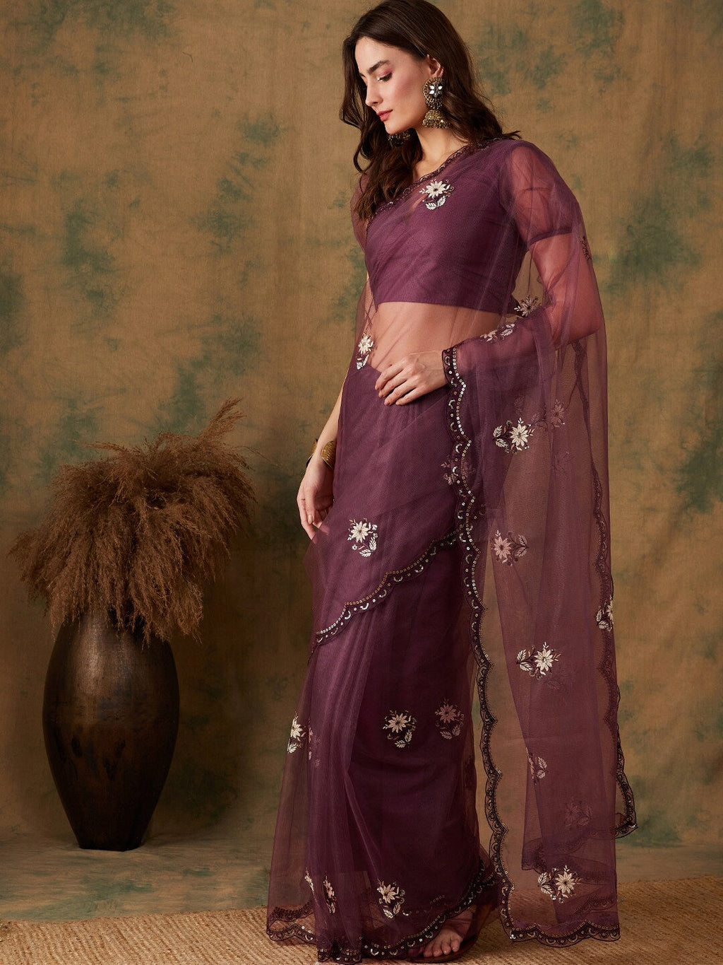 Sangria Purple Floral Embroidered Beads and Stones Embellished Net Saree | Grocsy