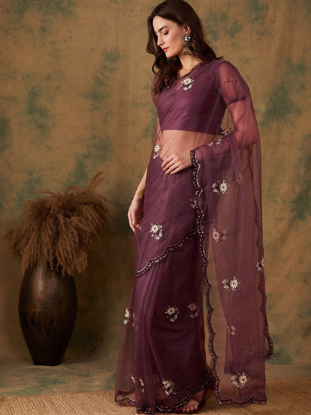 Sangria Purple Floral Embroidered Beads and Stones Embellished Net Saree | Grocsy