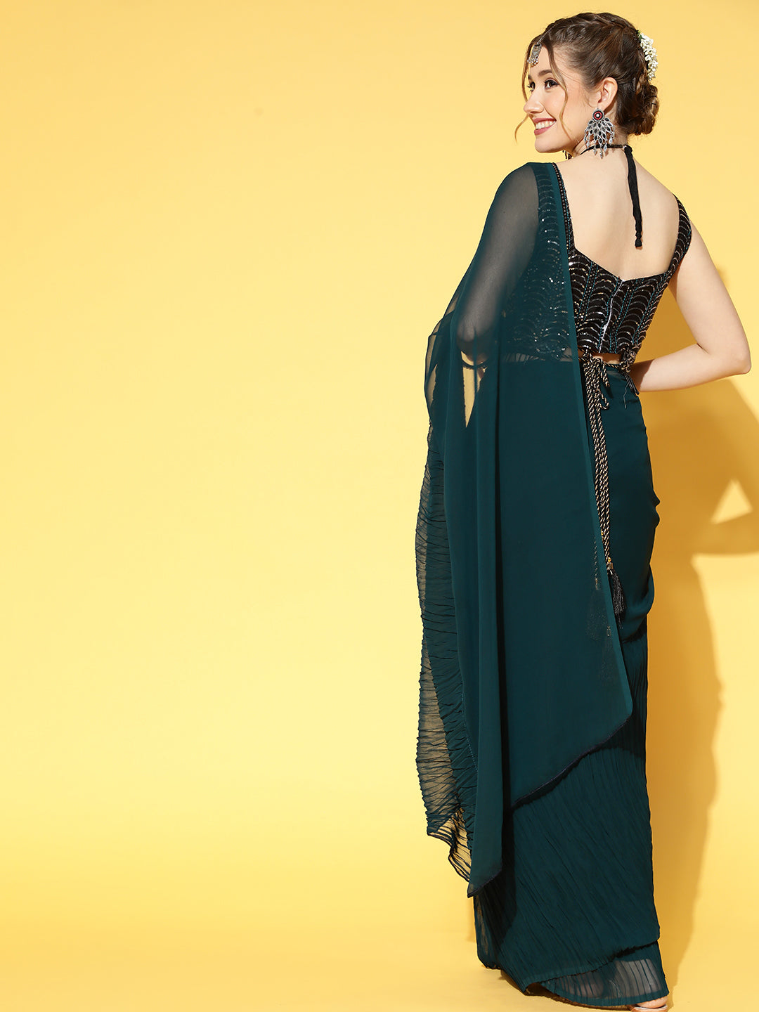 Saree Mall Teal Green & Black Solid Poly Georgette Party Saree with Matching Blouse | Grocsy