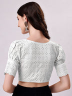 Tikhi Imli White Embroidered V-Neck Thread Work Detailed Cotton Saree Blouse | Grocsy