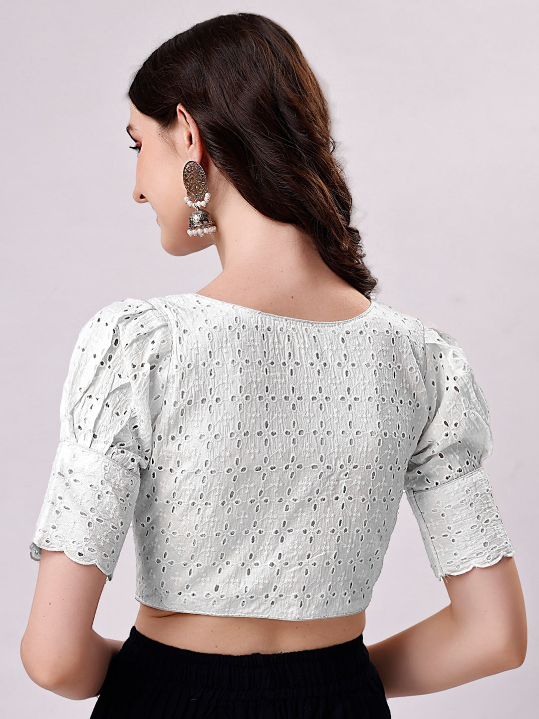 Tikhi Imli White Embroidered V-Neck Thread Work Detailed Cotton Saree Blouse | Grocsy