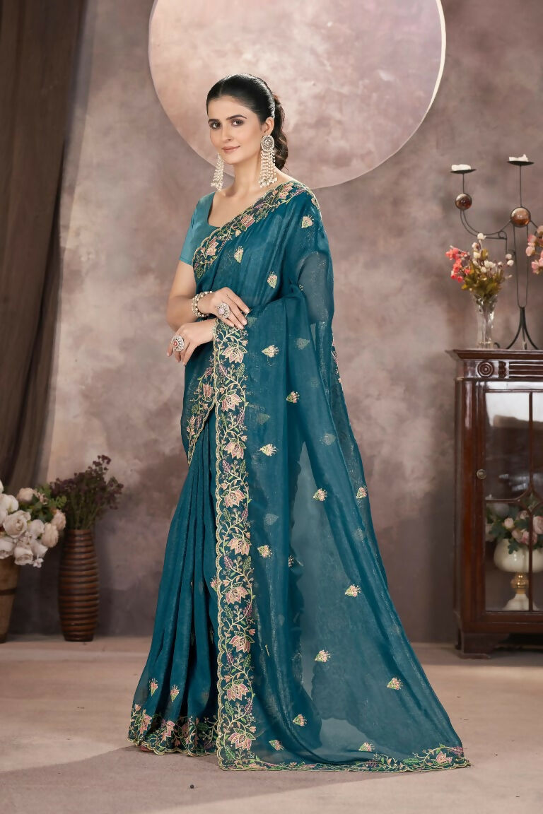 Vastranavya Gold Crunchy Multi Colour Threads Embroidery Work with Sequins Work Saree with Blouse material - Teal | Grocsy