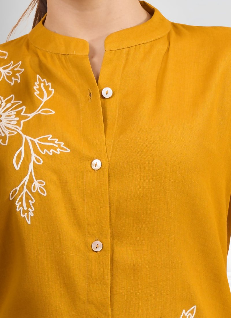 Joban Fashion Mustard Cotton, Linen Embroidered Readymade Cord Set | Grocsy