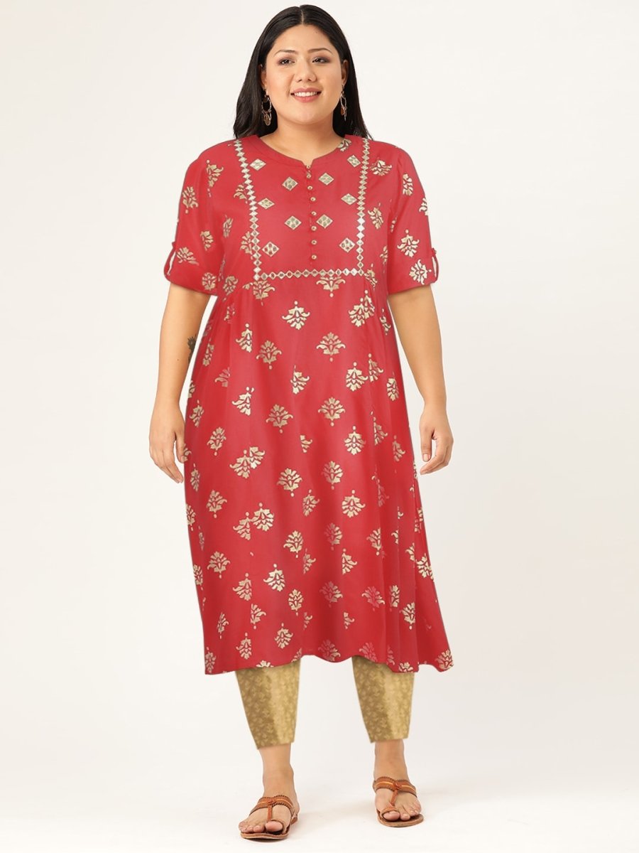 All About You Women Rust & Gold-Toned Ethnic Motifs Printed Mirror Work Kurta | Grocsy