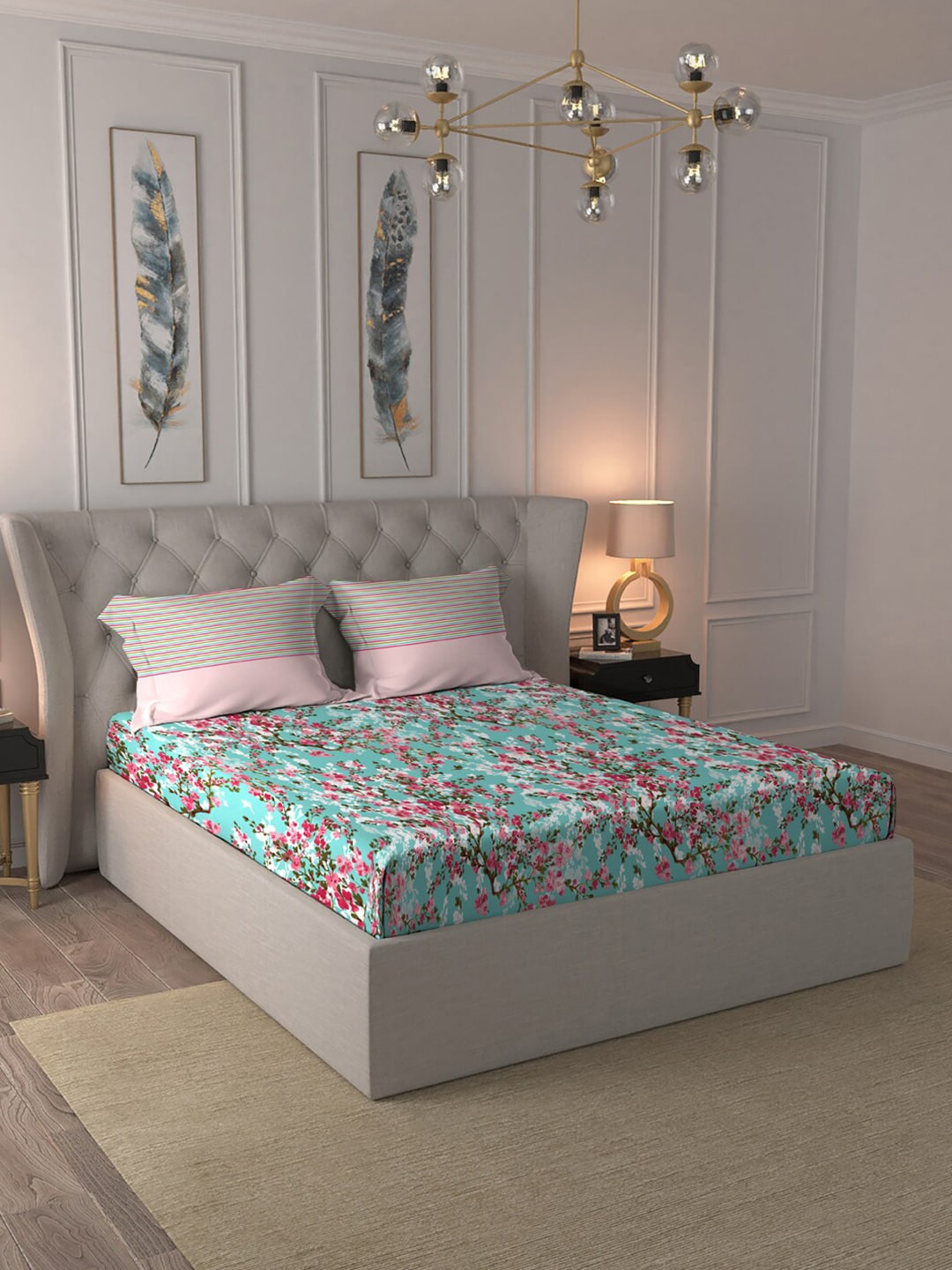MYTRIDENT Turquoise Blue Pink Floral Pure Cotton 144 TC Queen Bedsheet 2 Pillow Covers | Grocsy