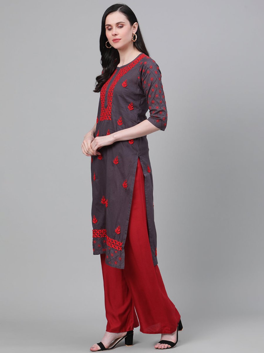 ADA Women Charcoal Grey & Red Chikankari Hand Embroidered Cotton Straight Sustainable Handloom Kurta | Grocsy
