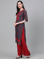 ADA Women Charcoal Grey & Red Chikankari Hand Embroidered Cotton Straight Sustainable Handloom Kurta | Grocsy