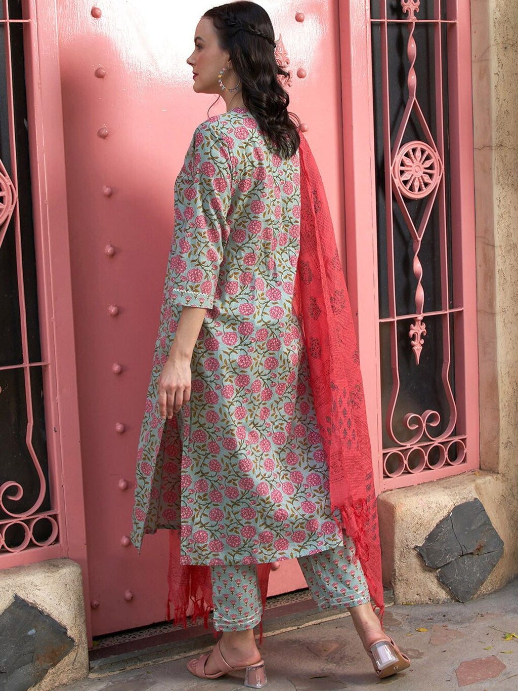 Sangria Sea Green Floral Printed Pure Cotton Kurta with Palazzos & Dupatta | Grocsy