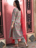 Sangria Sea Green Floral Printed Pure Cotton Kurta with Palazzos & Dupatta | Grocsy