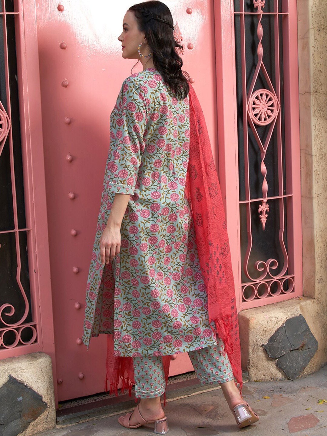 Sangria Sea Green Floral Printed Pure Cotton Kurta with Palazzos & Dupatta | Grocsy