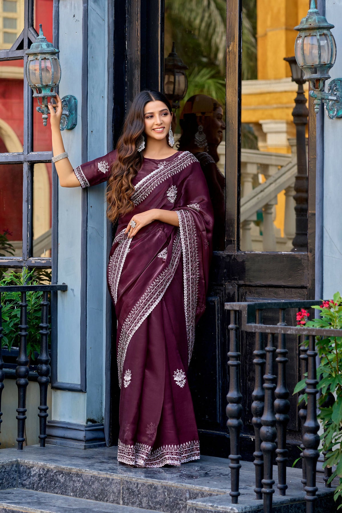 Vastranavya Wine Embroidery Work Shimmer Chiffon Saree with Unstitched Blouse | Grocsy