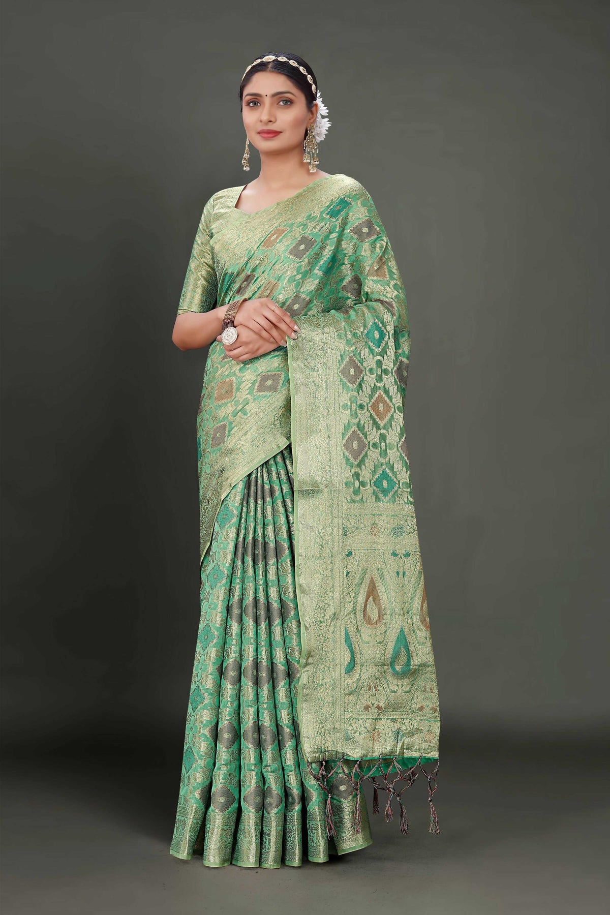 Sea Green Soft Organza Woven Design Saree With Unstitched Blouse Piece - Zaara | Grocsy