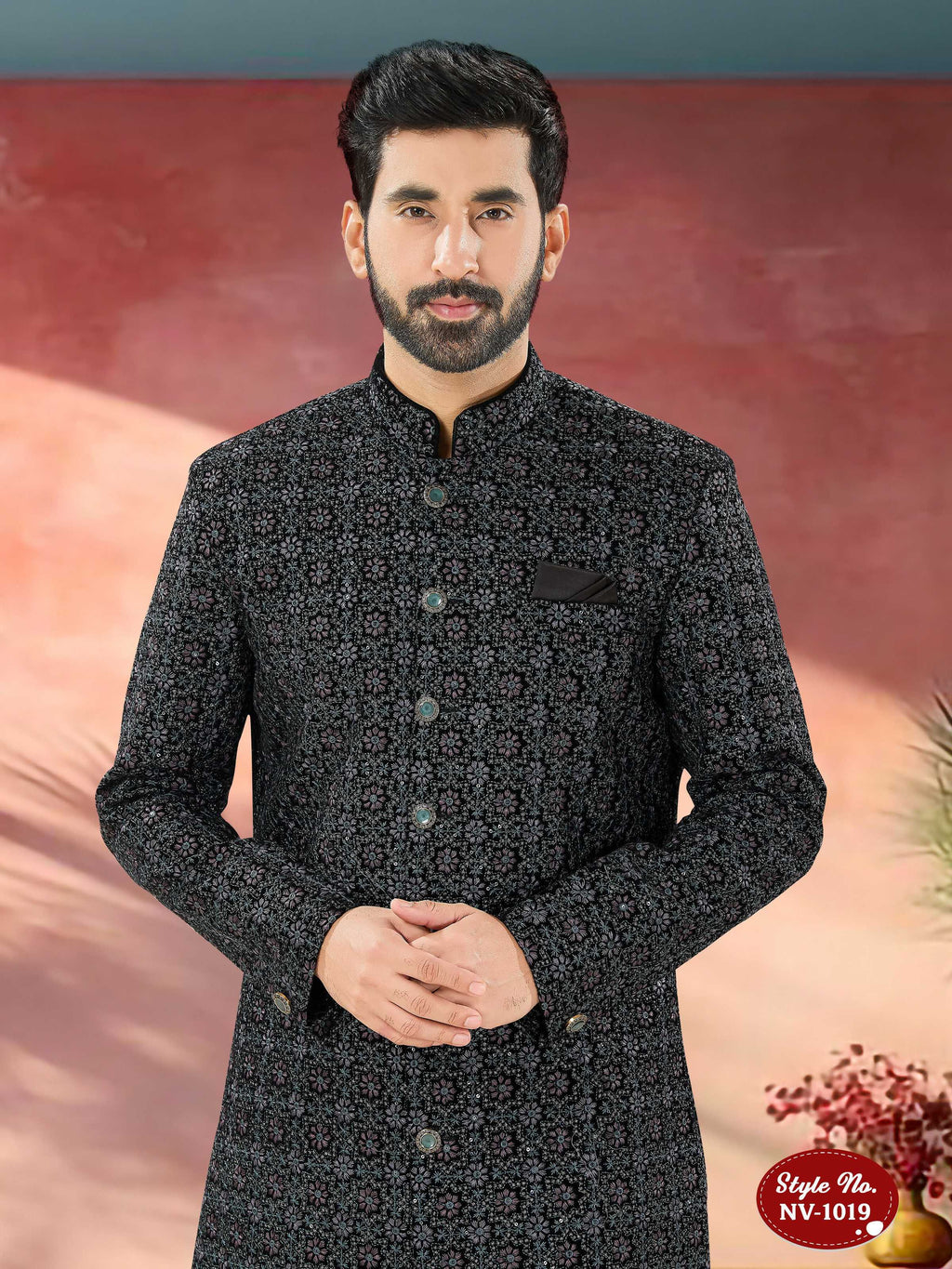 Joban Fashion Men's Blue Base Straight Velvet Thread And Sequence Embroidary All Over Indo-Western Kurta Set | Grocsy