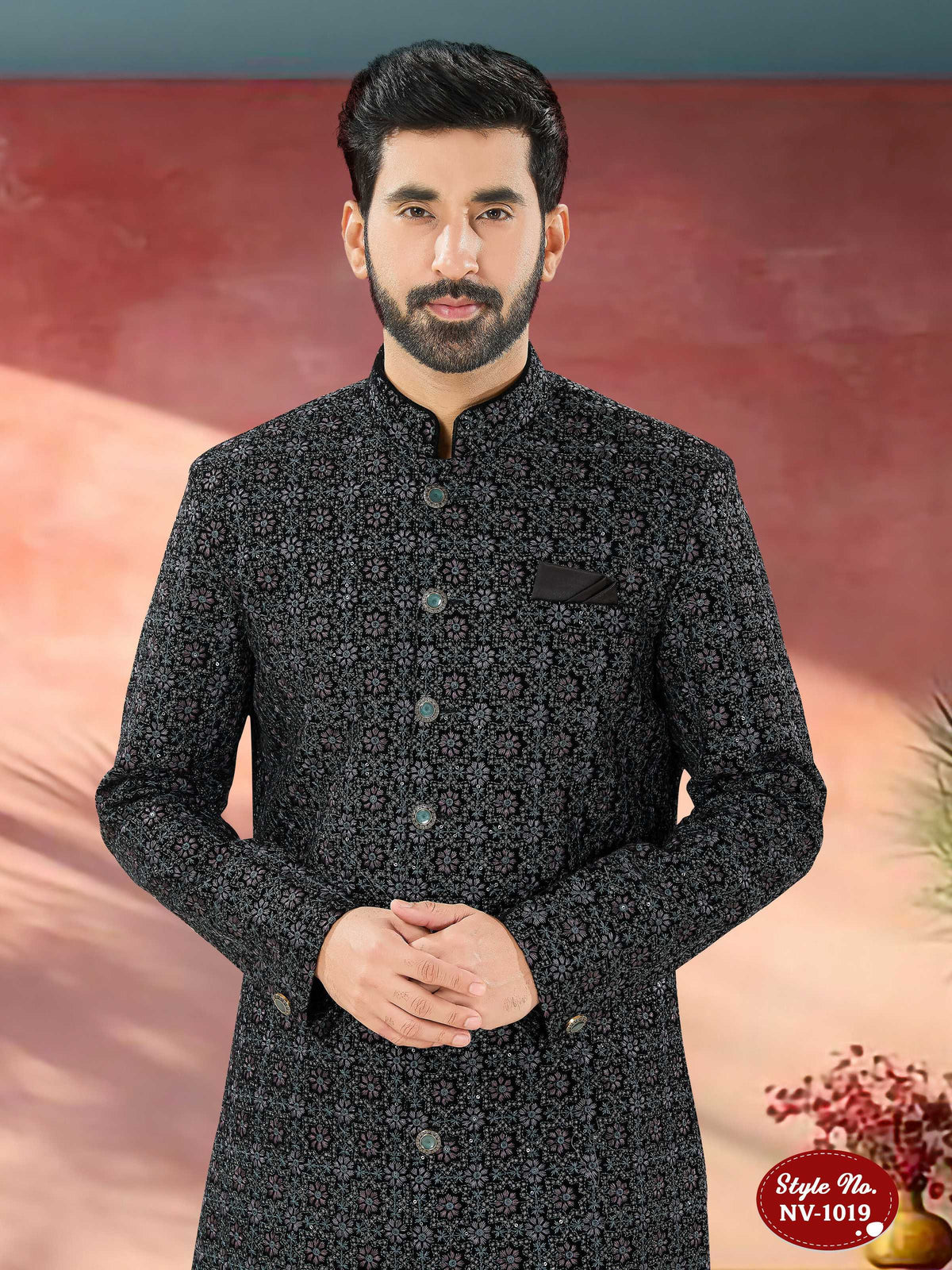 Joban Fashion Men's Blue Base Straight Velvet Thread And Sequence Embroidary All Over Indo-Western Kurta Set | Grocsy