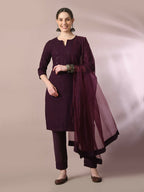 Myshka Women's Magenta Embroidered Cotton Straight Party Kurta Set With Dupatta | Grocsy