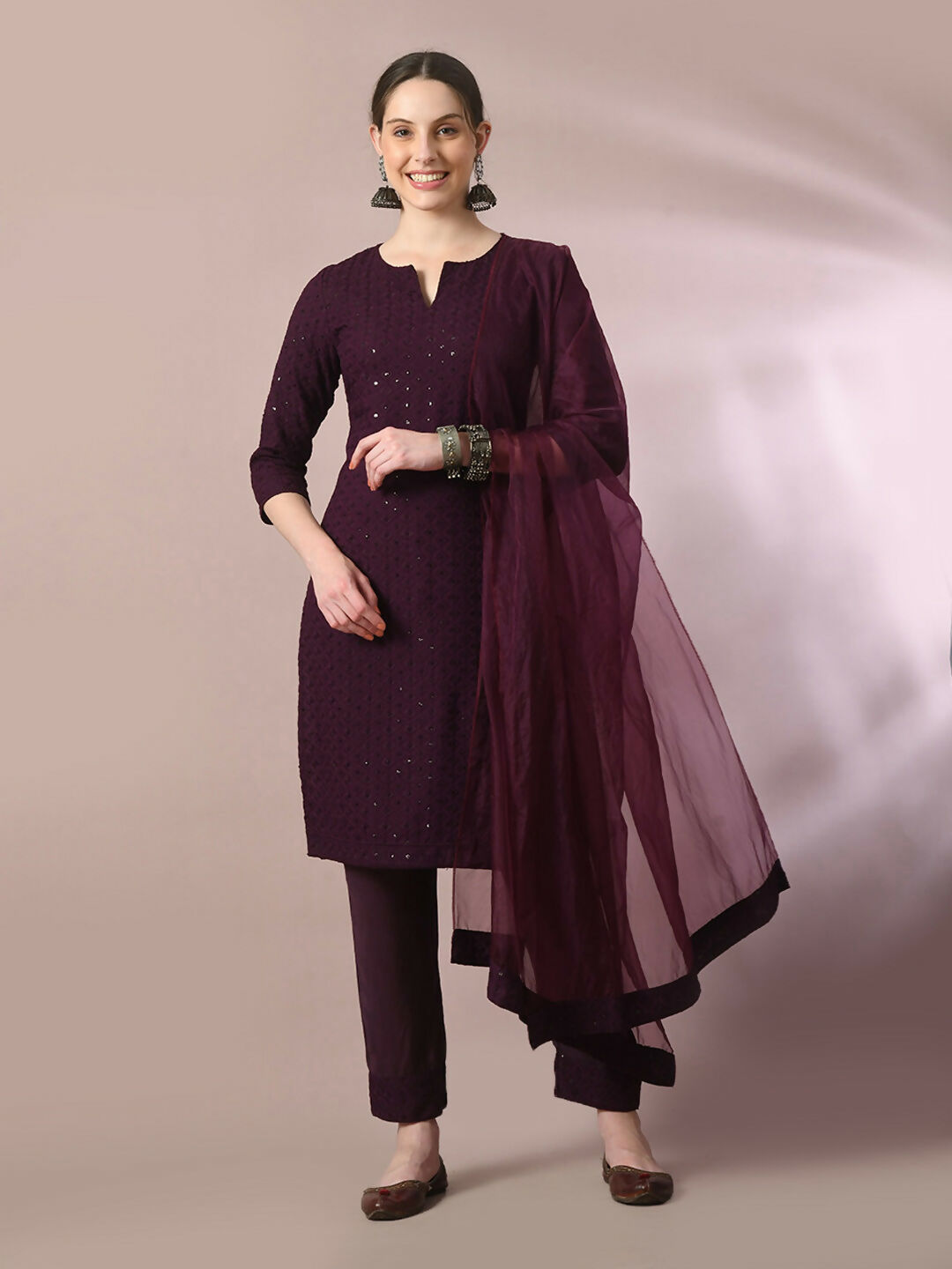 Myshka Women's Magenta Embroidered Cotton Straight Party Kurta Set With Dupatta | Grocsy