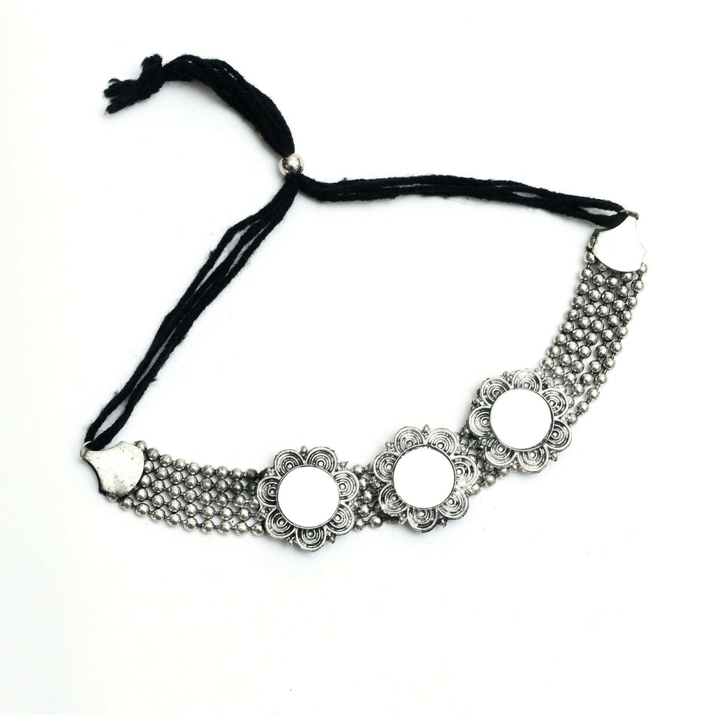 Mominos Fashion Johar Kamal Oxidised Silver-Plated Mirror Design Necklace Choker Set For Women | Grocsy