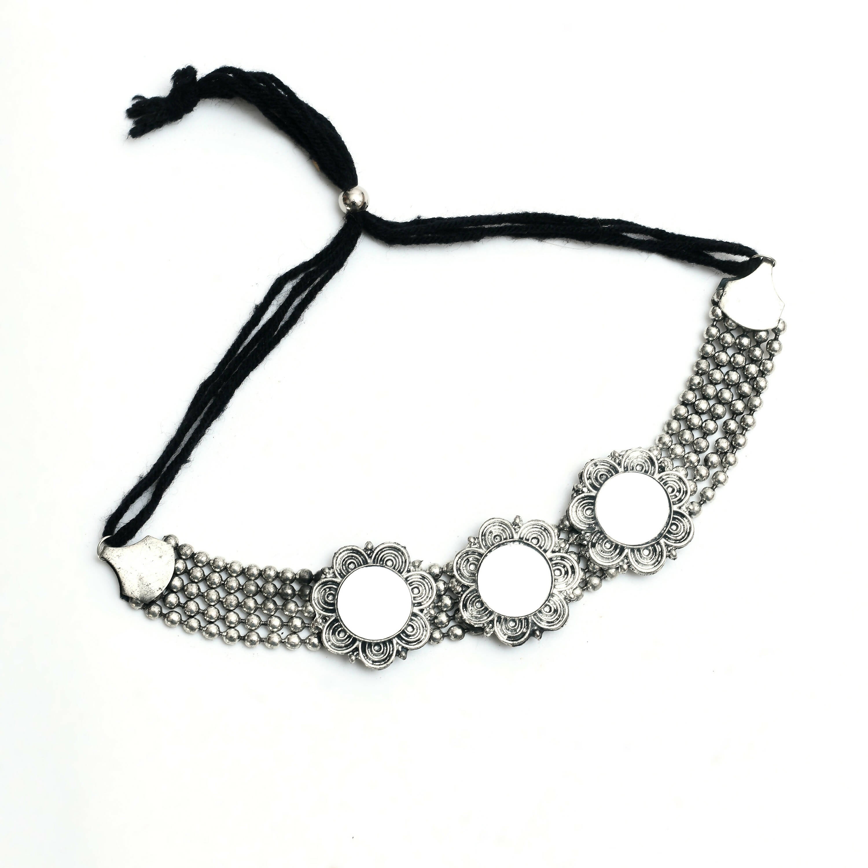 Mominos Fashion Johar Kamal Oxidised Silver-Plated Mirror Design Necklace Choker Set For Women | Grocsy