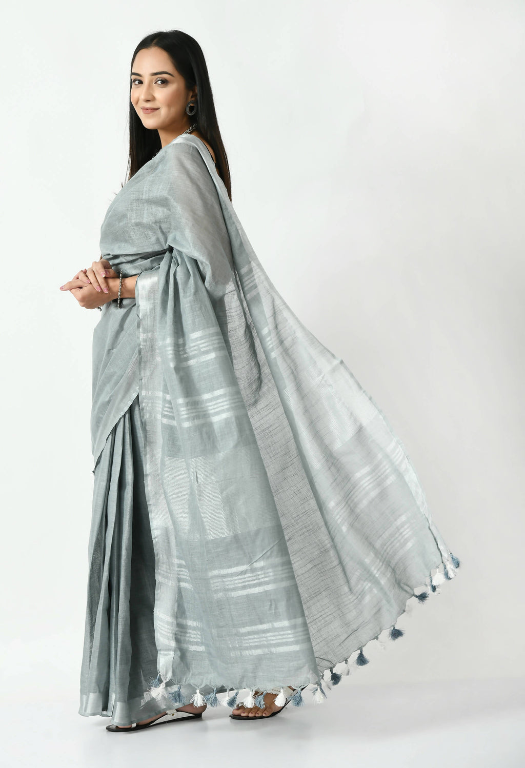 Mominos Fashion Moeza Gray Bhagalpuri Handloom Silk Linen Saree with unstitched Blouse piece | Grocsy