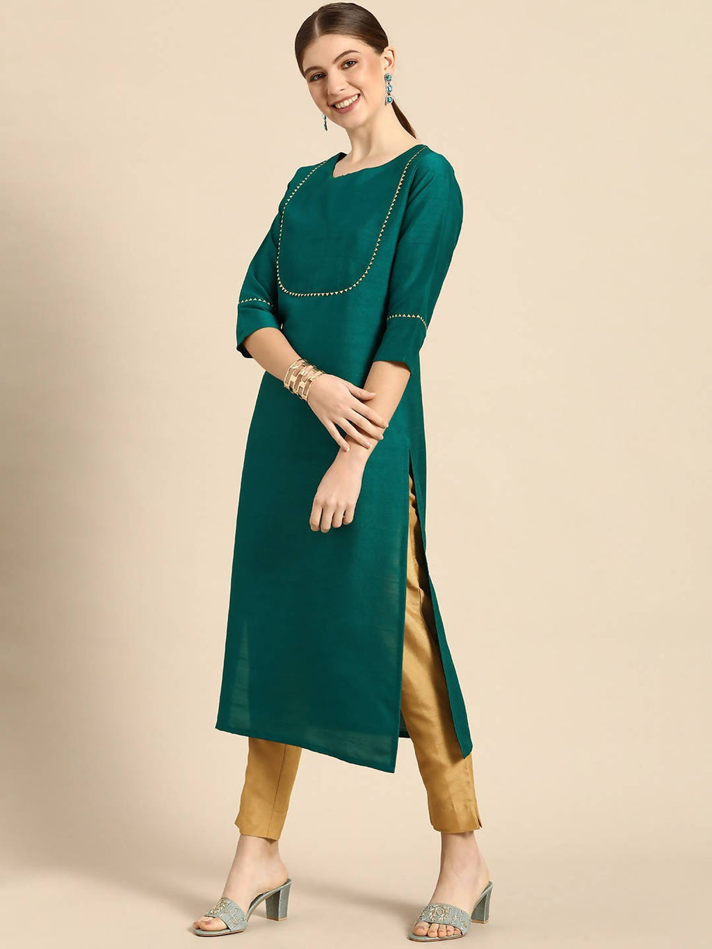 Janasya Women Green Regular Kurta with Trousers | Grocsy