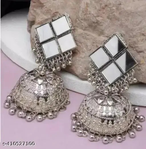 Tehzeeb Creations Women's Silver Plated Earrings With Mirror Design | Grocsy