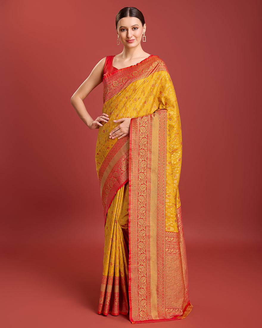 Monjolika Fashion Glamour And Tradition With This Mustard Color Zari Woven Banarasi Tissue Silk Saree | Grocsy