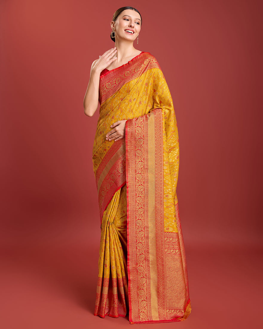 Monjolika Fashion Glamour And Tradition With This Mustard Color Zari Woven Banarasi Tissue Silk Saree | Grocsy