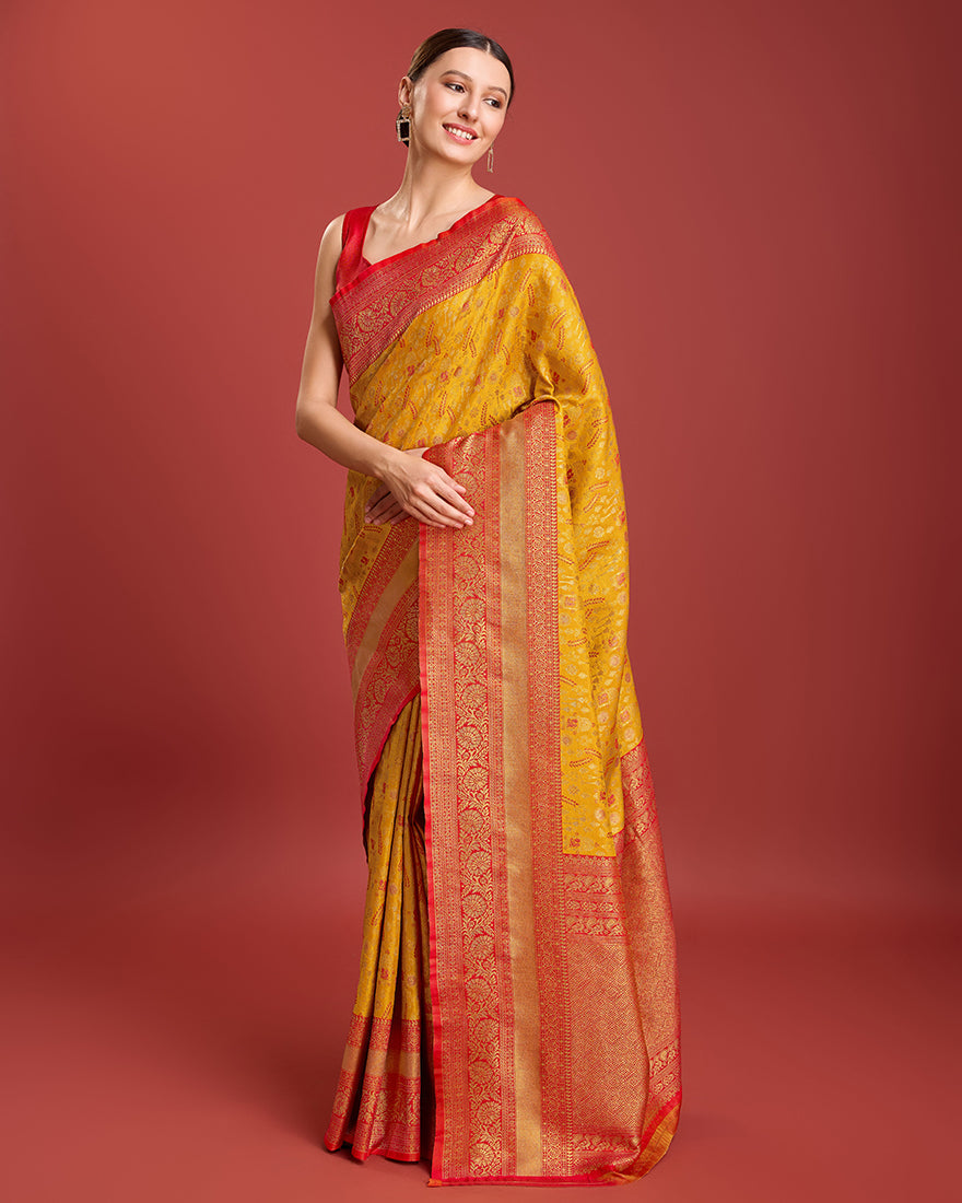 Monjolika Fashion Glamour And Tradition With This Mustard Color Zari Woven Banarasi Tissue Silk Saree | Grocsy