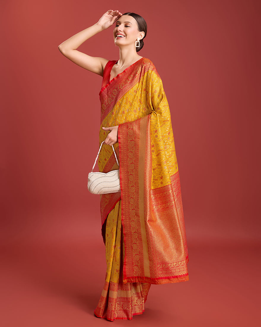 Monjolika Fashion Glamour And Tradition With This Mustard Color Zari Woven Banarasi Tissue Silk Saree | Grocsy