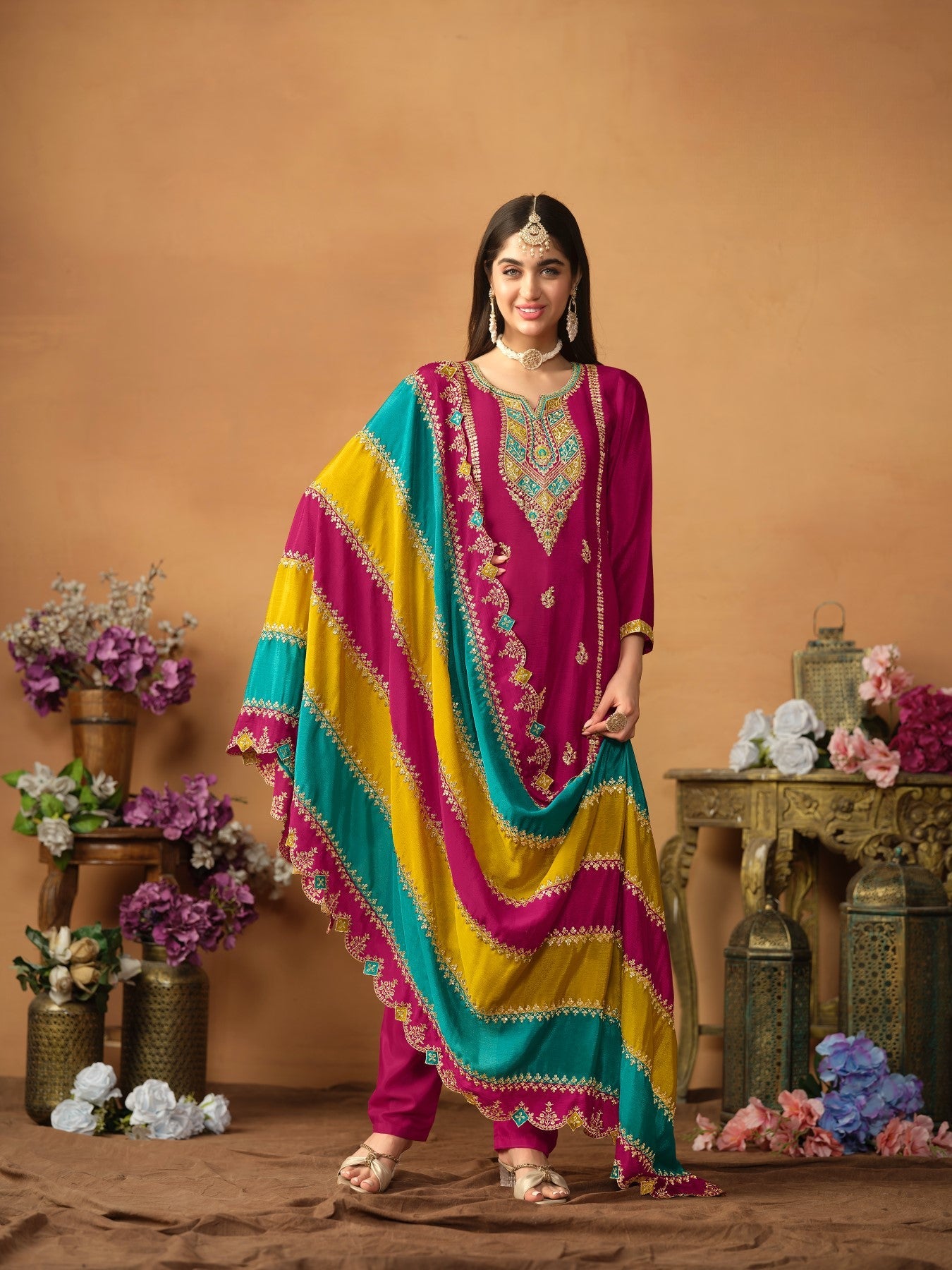 Anaita Wine Embroidered Soft Organza Salwar Suit | Grocsy