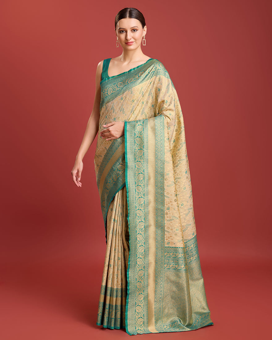 Monjolika Fashion Glamour And Tradition With This Beige Color Zari Woven Banarasi Tissue Silk Saree | Grocsy