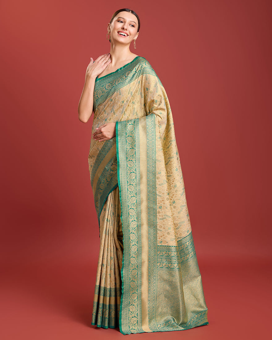 Monjolika Fashion Glamour And Tradition With This Beige Color Zari Woven Banarasi Tissue Silk Saree | Grocsy