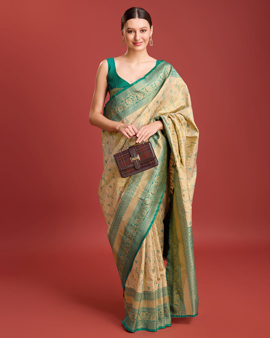 Monjolika Fashion Glamour And Tradition With This Beige Color Zari Woven Banarasi Tissue Silk Saree | Grocsy