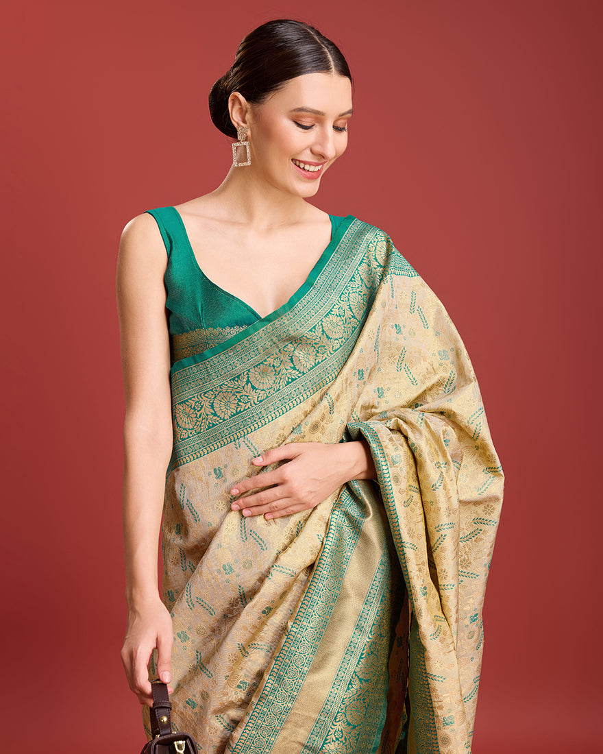 Monjolika Fashion Glamour And Tradition With This Beige Color Zari Woven Banarasi Tissue Silk Saree | Grocsy