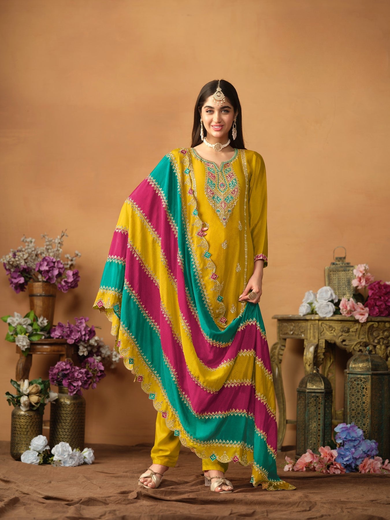 Anaita Mustard Embroidered Soft Organza Salwar Suit | Grocsy