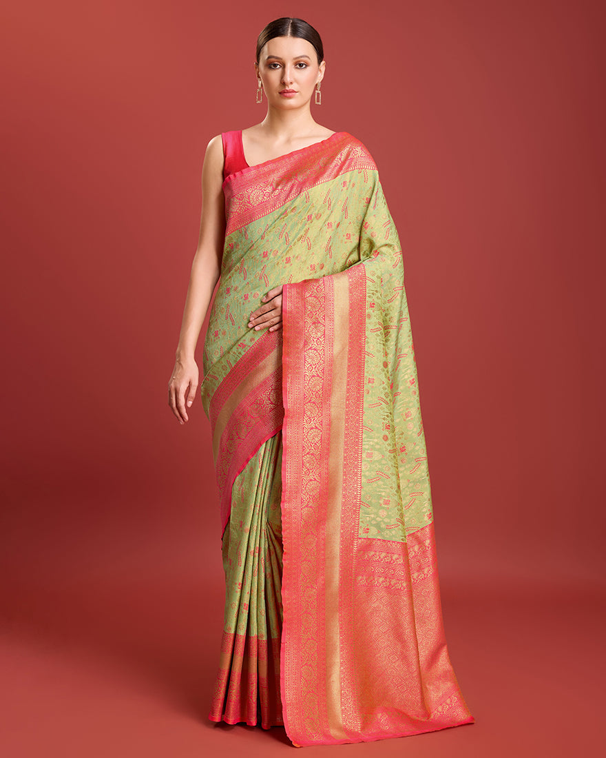 Monjolika Fashion Glamour And Tradition With This Pastel Green Color Zari Woven Banarasi Tissue Silk Saree | Grocsy