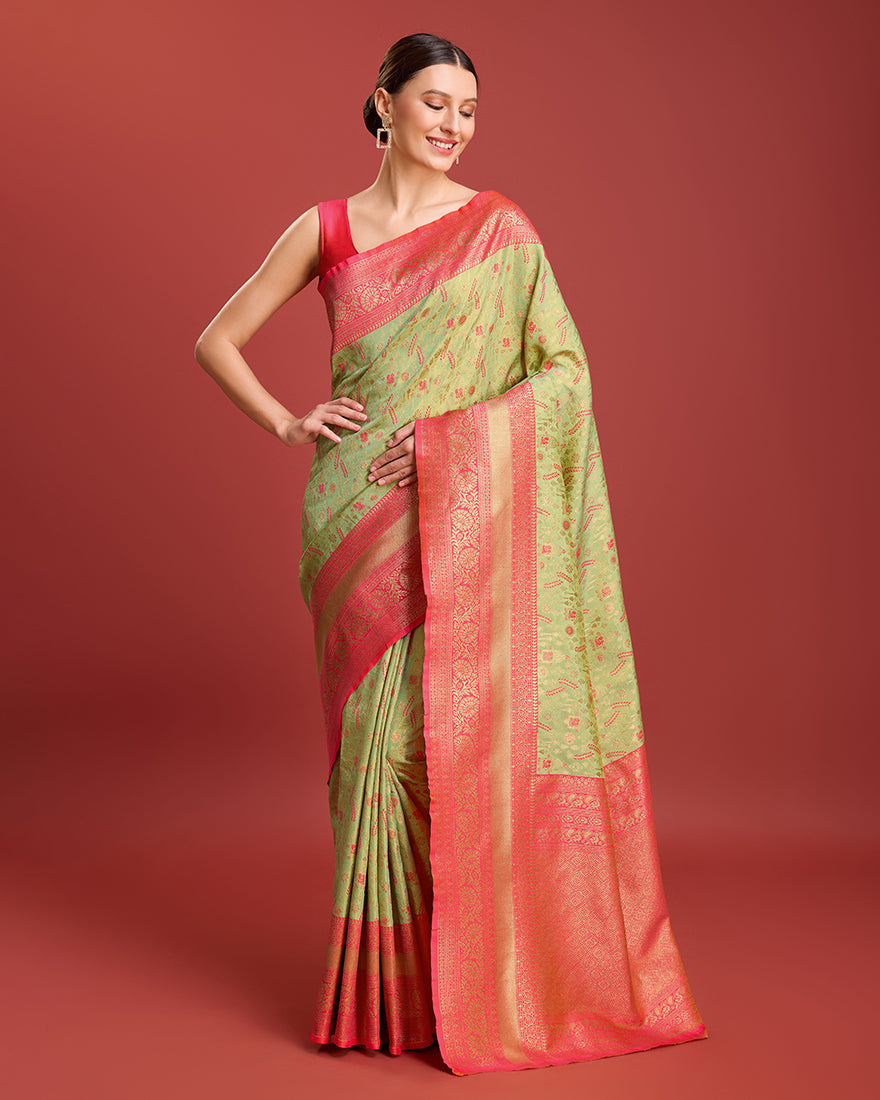 Monjolika Fashion Glamour And Tradition With This Pastel Green Color Zari Woven Banarasi Tissue Silk Saree | Grocsy