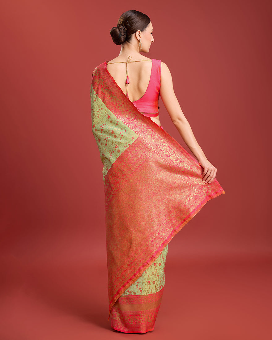 Monjolika Fashion Glamour And Tradition With This Pastel Green Color Zari Woven Banarasi Tissue Silk Saree | Grocsy