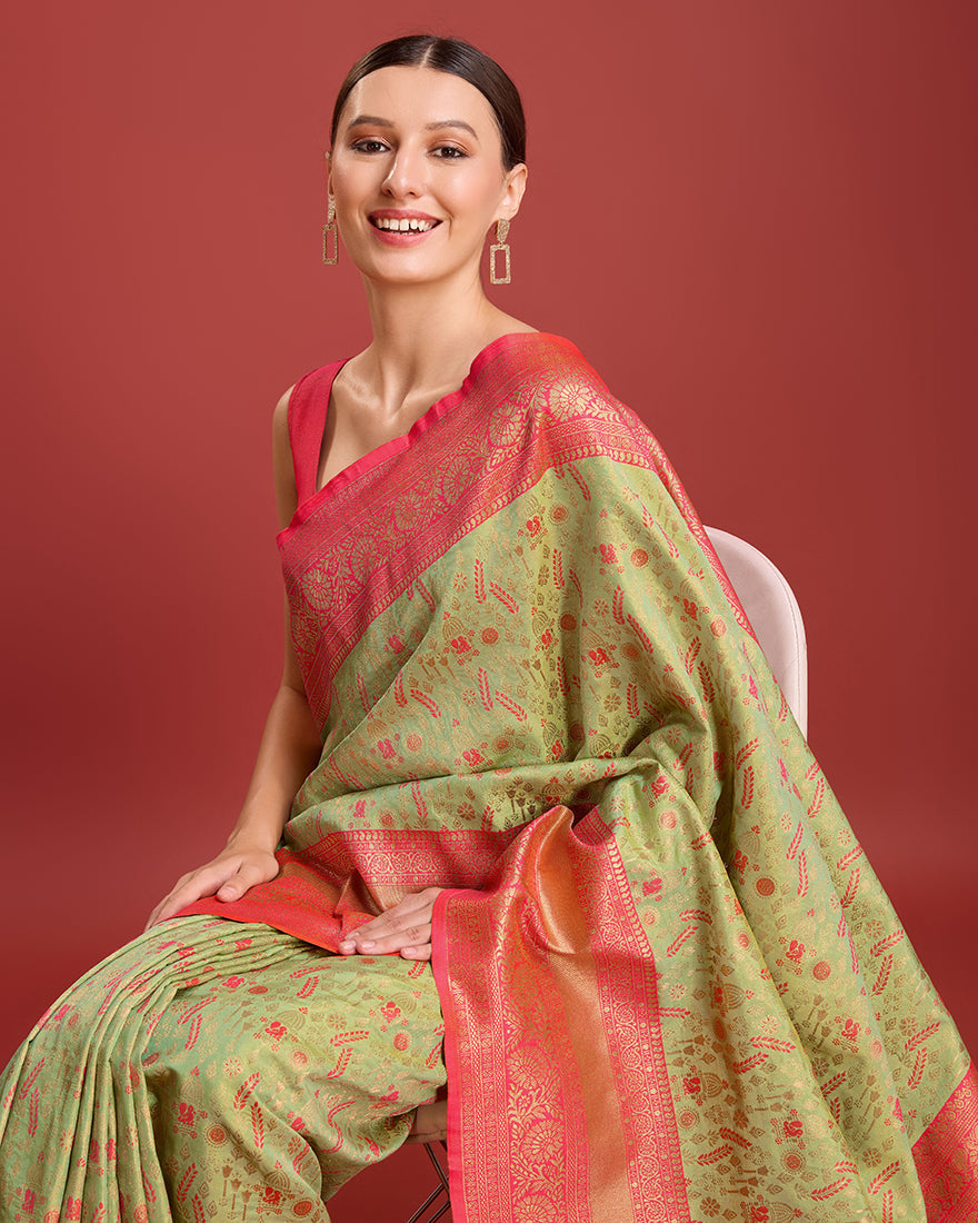 Monjolika Fashion Glamour And Tradition With This Pastel Green Color Zari Woven Banarasi Tissue Silk Saree | Grocsy