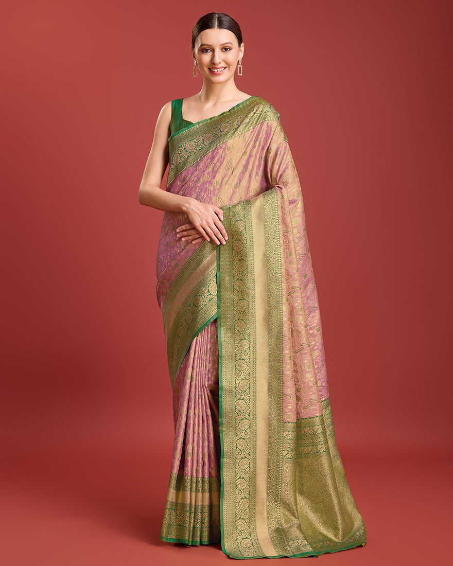 Monjolika Fashion Glamour And Tradition With This Rose Pink Color Zari Woven Banarasi Tissue Silk Saree | Grocsy