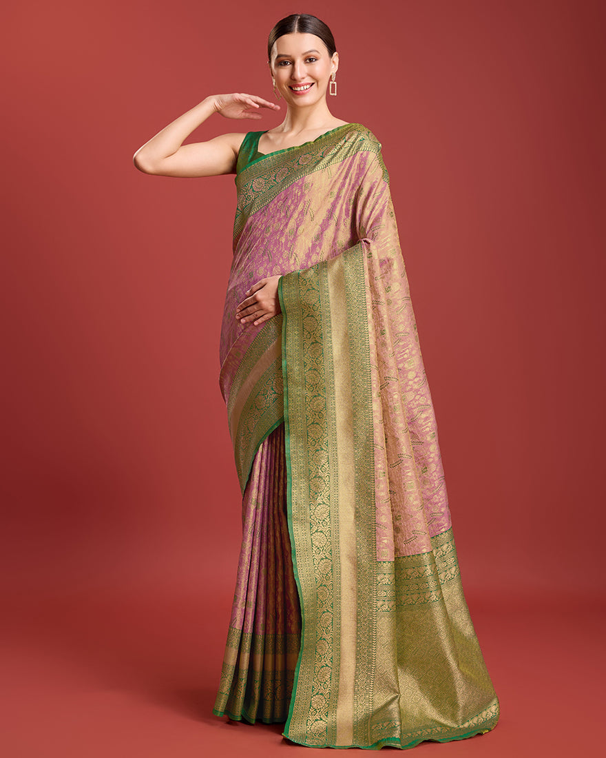 Monjolika Fashion Glamour And Tradition With This Rose Pink Color Zari Woven Banarasi Tissue Silk Saree | Grocsy