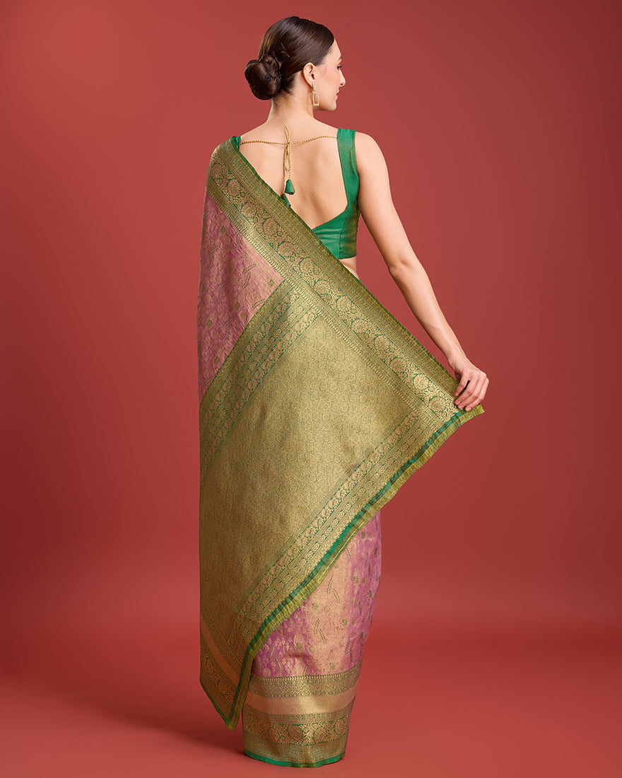 Monjolika Fashion Glamour And Tradition With This Rose Pink Color Zari Woven Banarasi Tissue Silk Saree | Grocsy