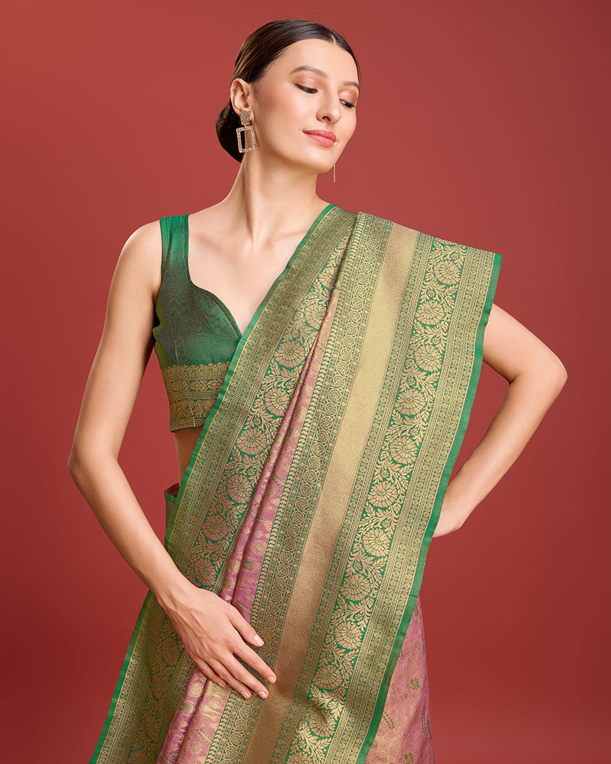 Monjolika Fashion Glamour And Tradition With This Rose Pink Color Zari Woven Banarasi Tissue Silk Saree | Grocsy