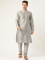 Sojanya Men Grey & Blue Solid Kurta Set with Nehru Jacket | Grocsy