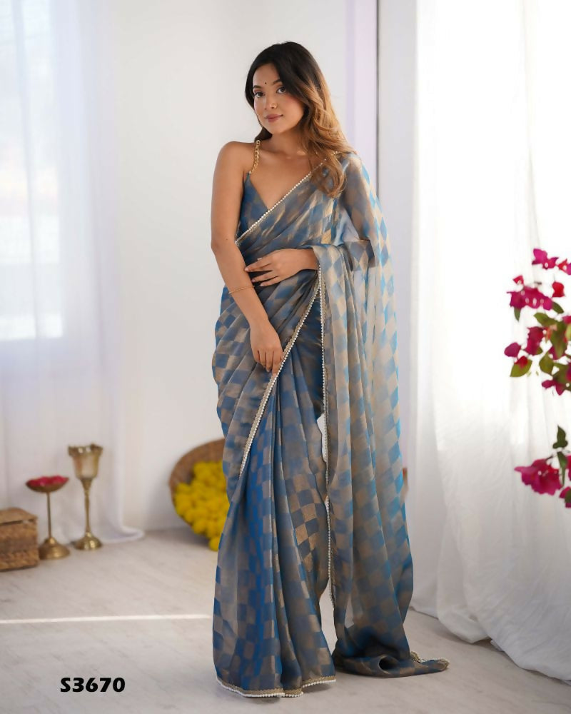 NC Chiffon Chex Wevon Chex Designer, Lace Party Wear Saree - Blue | Grocsy