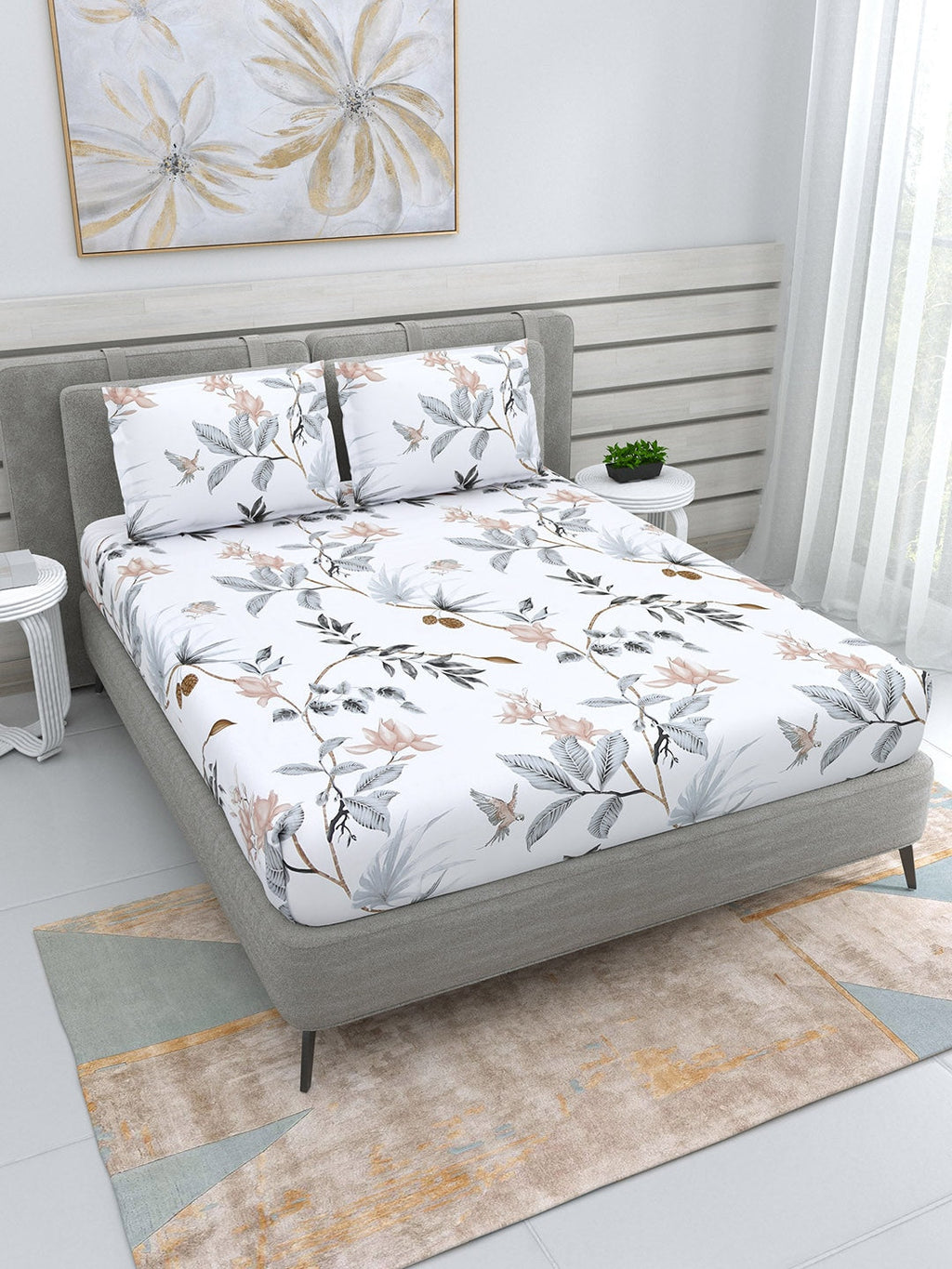 DREAM WEAVERZ White & Grey Floral 220 TC Cotton 1 Double Bedsheet with 2 Pillow Covers | Grocsy