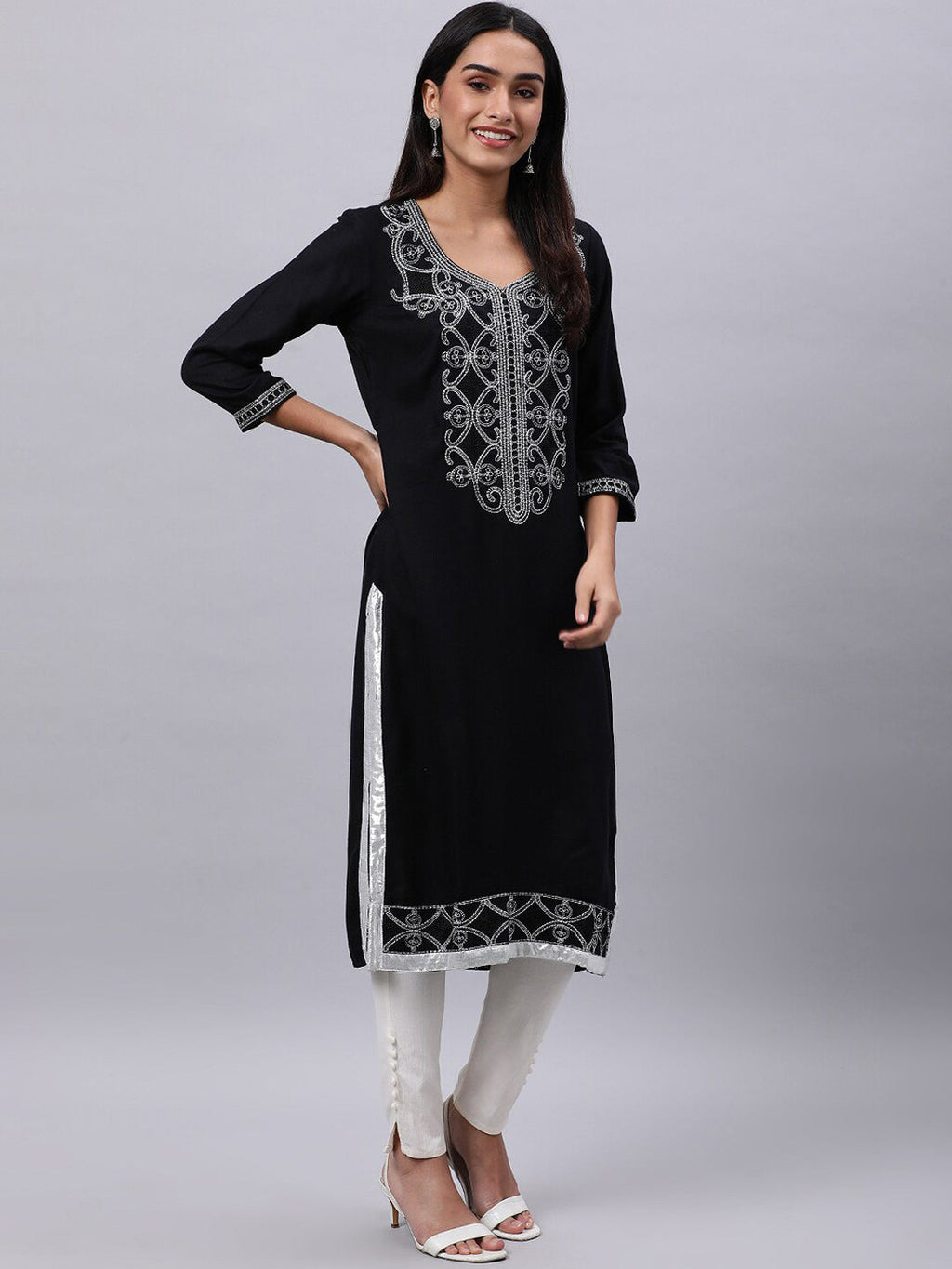 Souchii Women Black Ethnic Motifs Yoke Design Thread Work Kurta | Grocsy