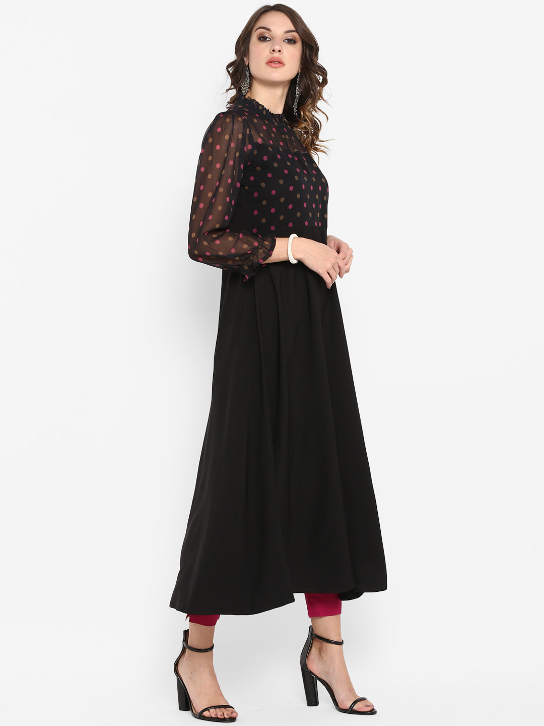 Janasya Women Black & Pink Printed A-Line Kurta | Grocsy